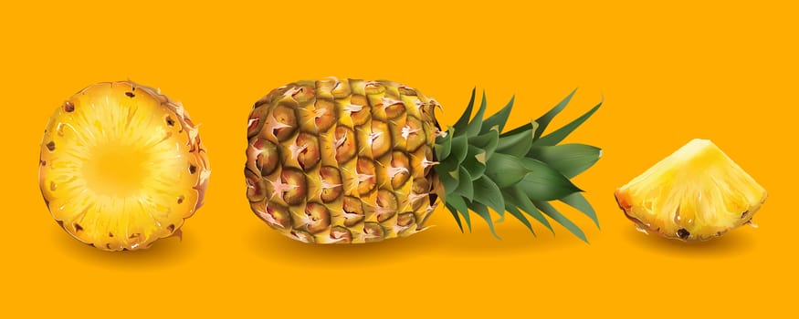 Realistic pineapple on a bright yellow background.