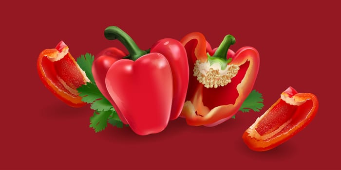 Red pepper isolated realistic illustration on red background.