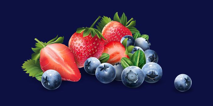 Blueberries and strawberries on a dark blue background.