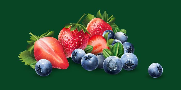 Blueberries and strawberries on a green background.