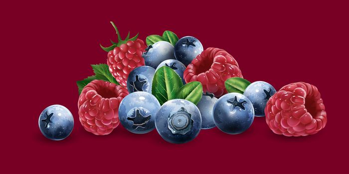 Raspberries, blueberries and strawberries on a red background.