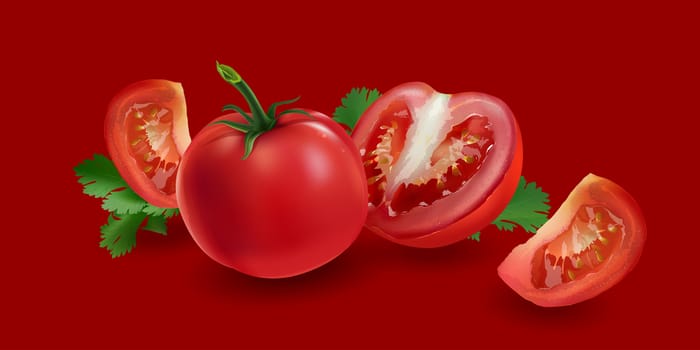 Realistic fresh tomatoes on a red background.