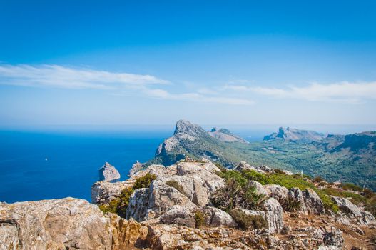 The imposing cliffs of Formentor cap in Majorca overlooking the Mediterranean Sea