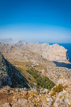 The imposing cliffs of Formentor cap in Majorca overlooking the Mediterranean Sea