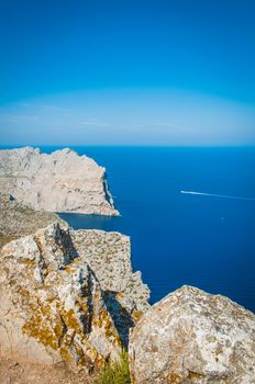 The imposing cliffs of Formentor cap in Majorca overlooking the Mediterranean Sea