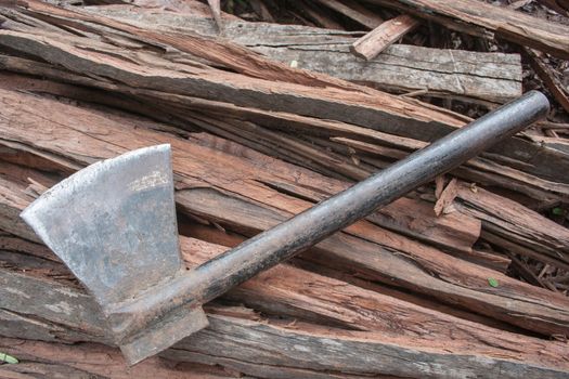 Axe in a log closeup