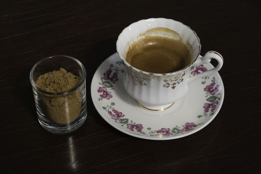 Two Shots Of Espresso With Brown Sugar At Coffee Cafe,Close Up