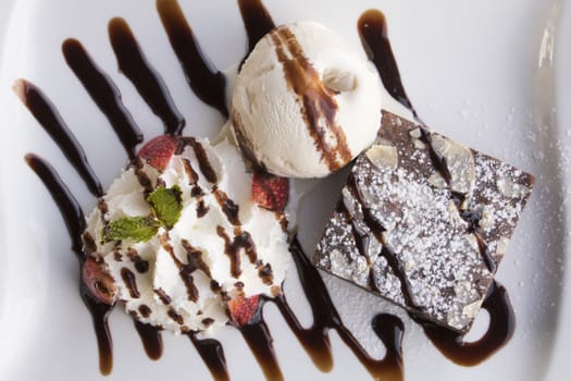 Chocolate Brownie with Vanilla ice cream Overhead shot 