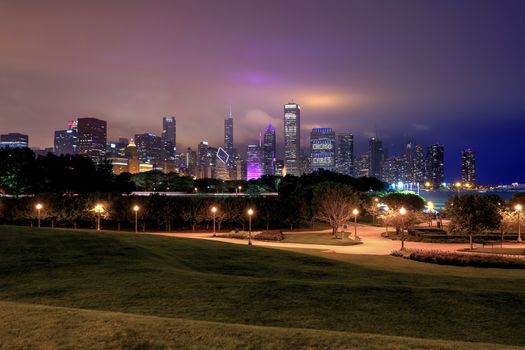 The Chicago skyline at night after a storm across Lake Michigan.