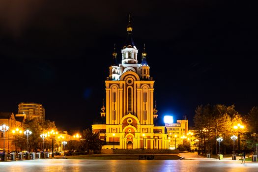 Orthodox cathedral. Photographed at night. Illuminated by artificial light.