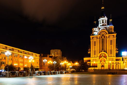 Orthodox cathedral. Photographed at night. Illuminated by artificial light.