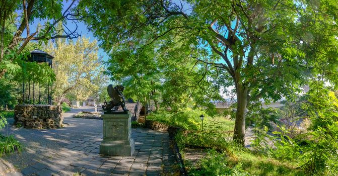 Corner of old Odessa near Mother in law bridge to Primorsky Boulevard in a spring morning. Panorama view.