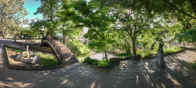 Corner of old Odessa near Mother in law bridge to Primorsky Boulevard in a spring morning. Panorama view.