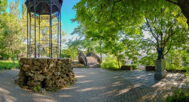 Corner of old Odessa near Mother in law bridge to Primorsky Boulevard in a spring morning. Panorama view.