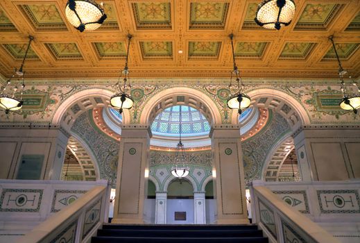 Chicago, Illinois, USA - June 22, 2018 - View of the interior and of the dome at the Chicago Cultural Center.