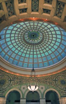 Chicago, Illinois, USA - June 22, 2018 - View of the interior and of the dome at the Chicago Cultural Center.