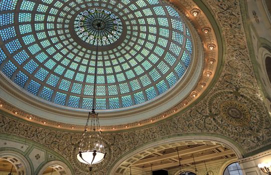 Chicago, Illinois, USA - June 22, 2018 - View of the interior and of the dome at the Chicago Cultural Center.