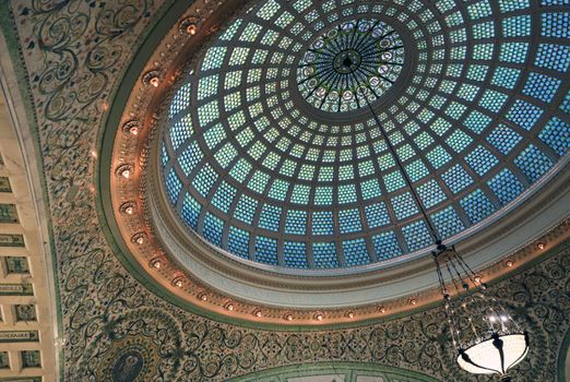 Chicago, Illinois, USA - June 22, 2018 - View of the interior and of the dome at the Chicago Cultural Center.