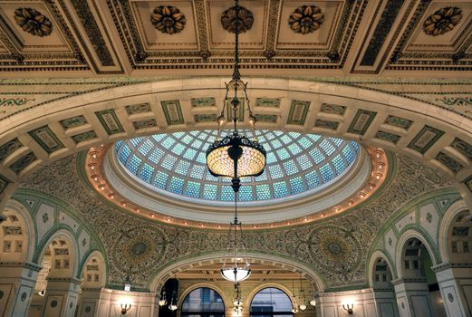 Chicago, Illinois, USA - June 22, 2018 - View of the interior and of the dome at the Chicago Cultural Center.