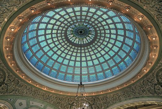 Chicago, Illinois, USA - June 22, 2018 - View of the interior and of the dome at the Chicago Cultural Center.