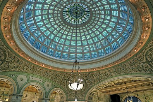 Chicago, Illinois, USA - June 22, 2018 - View of the interior and of the dome at the Chicago Cultural Center.