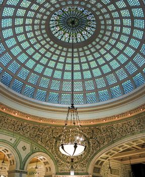 Chicago, Illinois, USA - June 22, 2018 - View of the interior and of the dome at the Chicago Cultural Center.