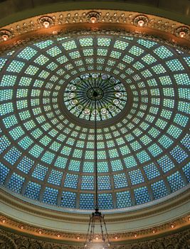 Chicago, Illinois, USA - June 22, 2018 - View of the interior and of the dome at the Chicago Cultural Center.