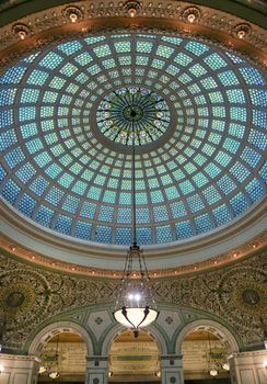 Chicago, Illinois, USA - June 22, 2018 - View of the interior and of the dome at the Chicago Cultural Center.