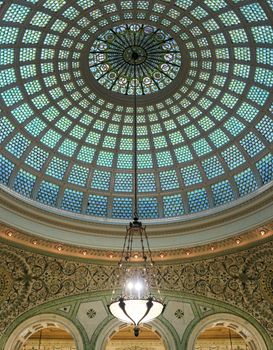 Chicago, Illinois, USA - June 22, 2018 - View of the interior and of the dome at the Chicago Cultural Center.