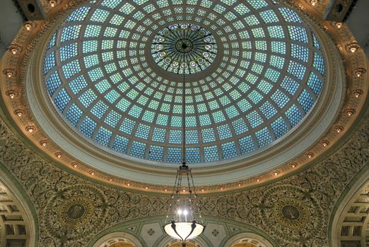 Chicago, Illinois, USA - June 22, 2018 - View of the interior and of the dome at the Chicago Cultural Center.