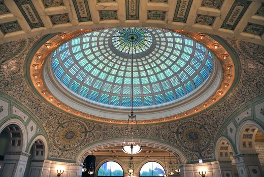 Chicago, Illinois, USA - June 22, 2018 - View of the interior and of the dome at the Chicago Cultural Center.