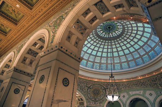 Chicago, Illinois, USA - June 22, 2018 - View of the interior and of the dome at the Chicago Cultural Center.