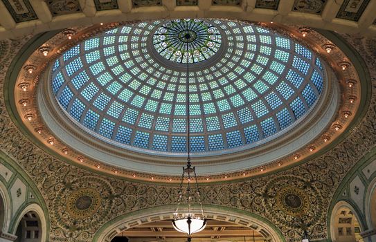 Chicago, Illinois, USA - June 22, 2018 - View of the interior and of the dome at the Chicago Cultural Center.