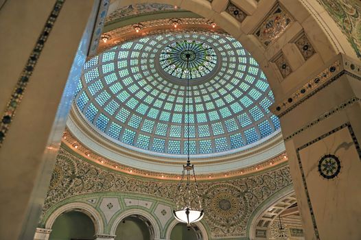 Chicago, Illinois, USA - June 22, 2018 - View of the interior and of the dome at the Chicago Cultural Center.