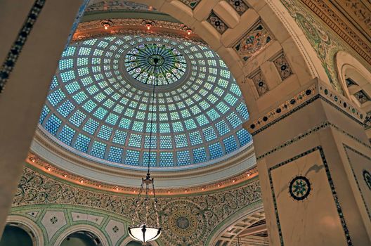 Chicago, Illinois, USA - June 22, 2018 - View of the interior and of the dome at the Chicago Cultural Center.