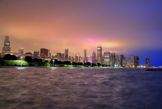 Chicago, Illinois, USA - June 22, 2018 - The Chicago skyline at night after a storm across Lake Michigan.