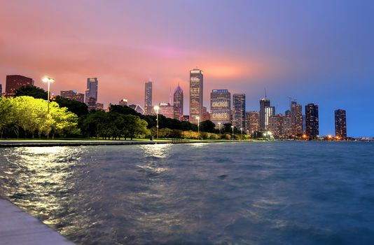 Chicago, Illinois, USA - June 22, 2018 - The Chicago skyline at night after a storm across Lake Michigan.