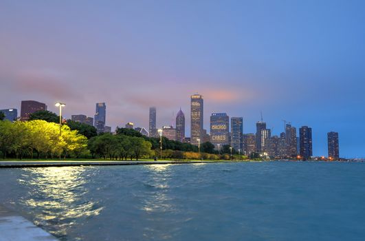 Chicago, Illinois, USA - June 22, 2018 - The Chicago skyline at night after a storm across Lake Michigan.