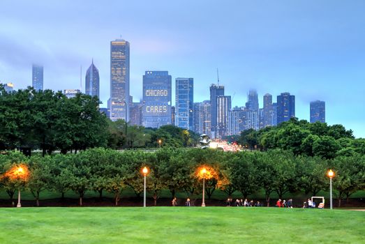 Chicago, Illinois, USA - June 22, 2018 - The Chicago skyline at night after a storm across Lake Michigan.