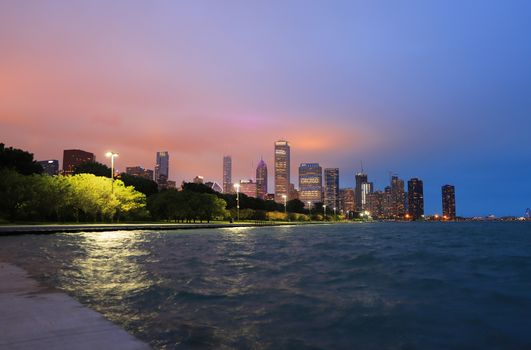 Chicago, Illinois, USA - June 22, 2018 - The Chicago skyline at night after a storm across Lake Michigan.