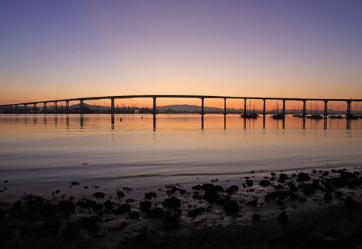 The Sunrise over the Coronado Bridge in San Diego, California.