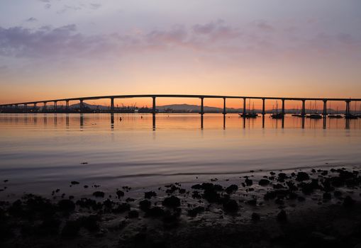 The Sunrise over the Coronado Bridge in San Diego, California.