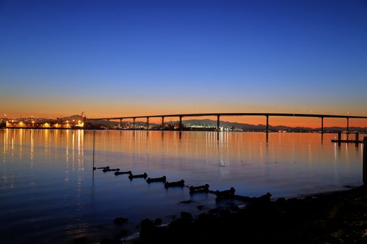 The Sunrise over the Coronado Bridge in San Diego, California.