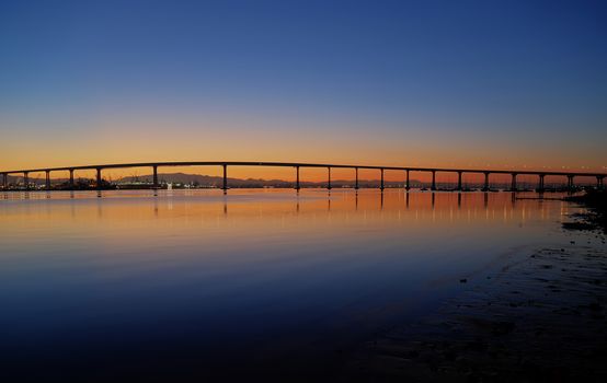 The Sunrise over the Coronado Bridge in San Diego, California.