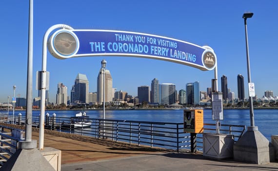 CORONADO, CALIFORNIA - FEBRUARY 8, 2018: The Coronado Ferry Landing dock/pier entrance. A ferry transports passengers between Coronado island and downtown San Diego