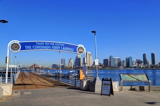 CORONADO, CALIFORNIA - FEBRUARY 8, 2018: The Coronado Ferry Landing dock/pier entrance. A ferry transports passengers between Coronado island and downtown San Diego