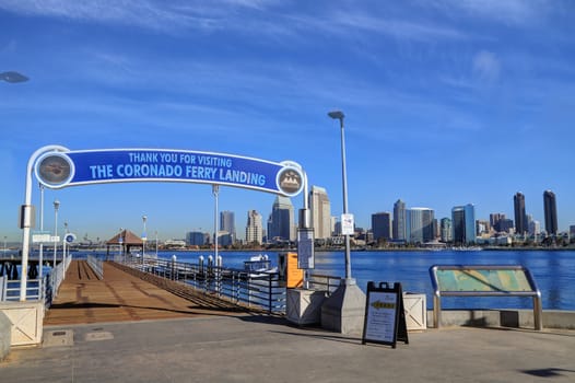 CORONADO, CALIFORNIA - FEBRUARY 8, 2018: The Coronado Ferry Landing dock/pier entrance. A ferry transports passengers between Coronado island and downtown San Diego