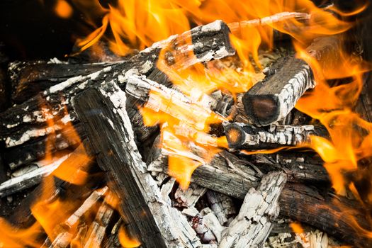 Close up of very hot campfire. Logs almost burned out