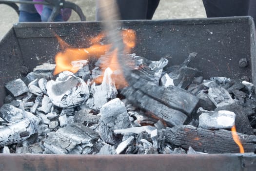 Closeup of logs burrning in preparation for nice barbecue