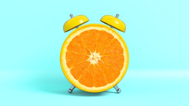 Wake up vintage morning shaped orange. Concept illustrating that it is time to take vitamins. 3D rendering.